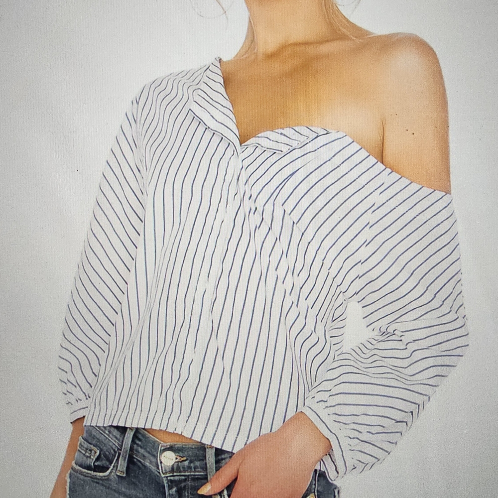Frame Denim Blue and White Asymmetrical Button Down Shirt